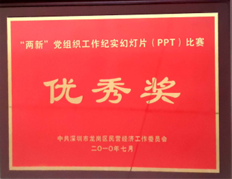 2010年7月在中共深圳市龙岗区民营经济工作委员会举办的“两新”党组织工作纪实幻灯片(PT）比赛中荣获“两新”党组织工作纪实幻灯片(PPT)比赛优 秀奖